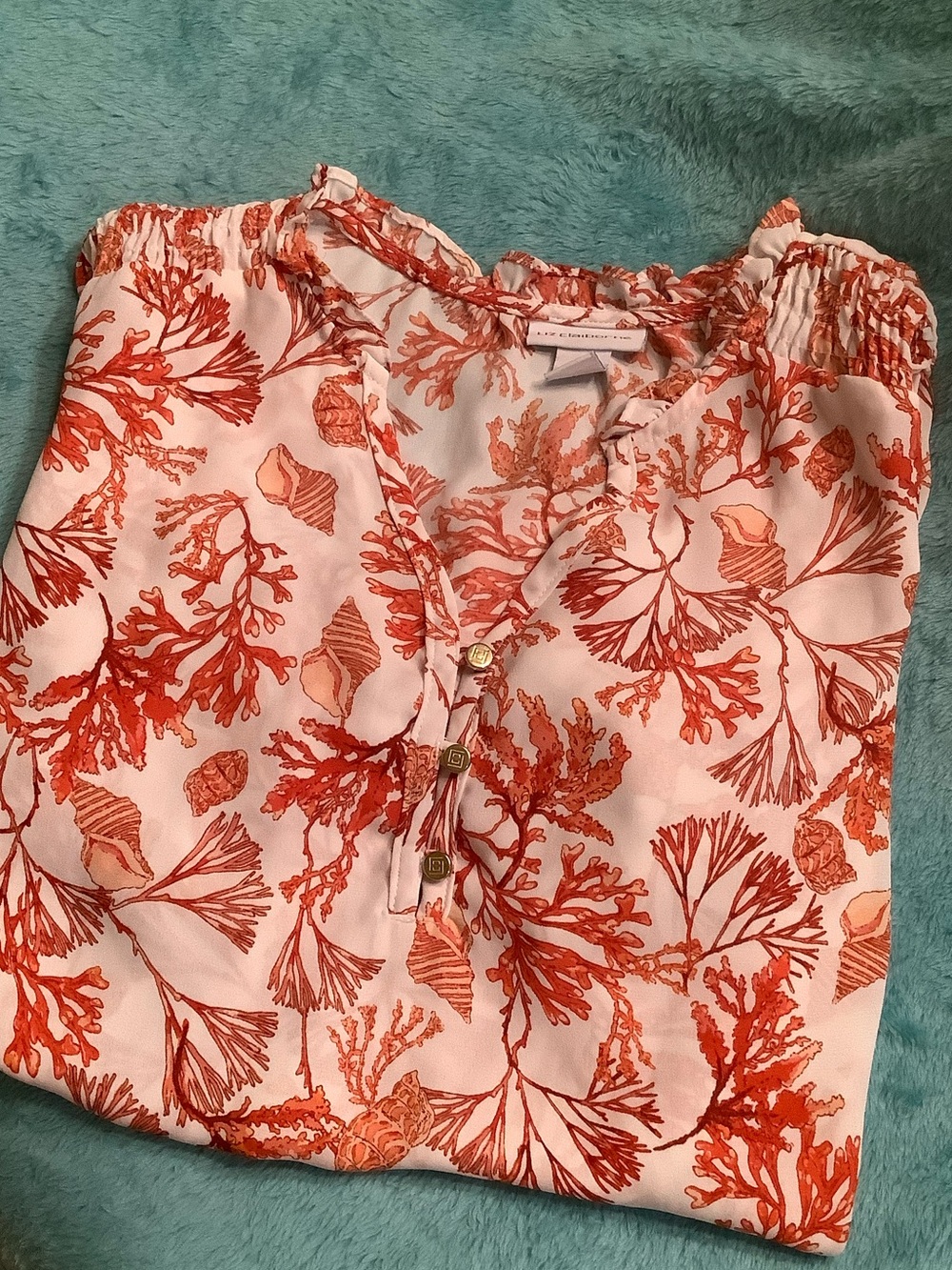 Liz Claiborne Summer Orange Shell Coral Print Button Front Blouse Size PM NWOT
